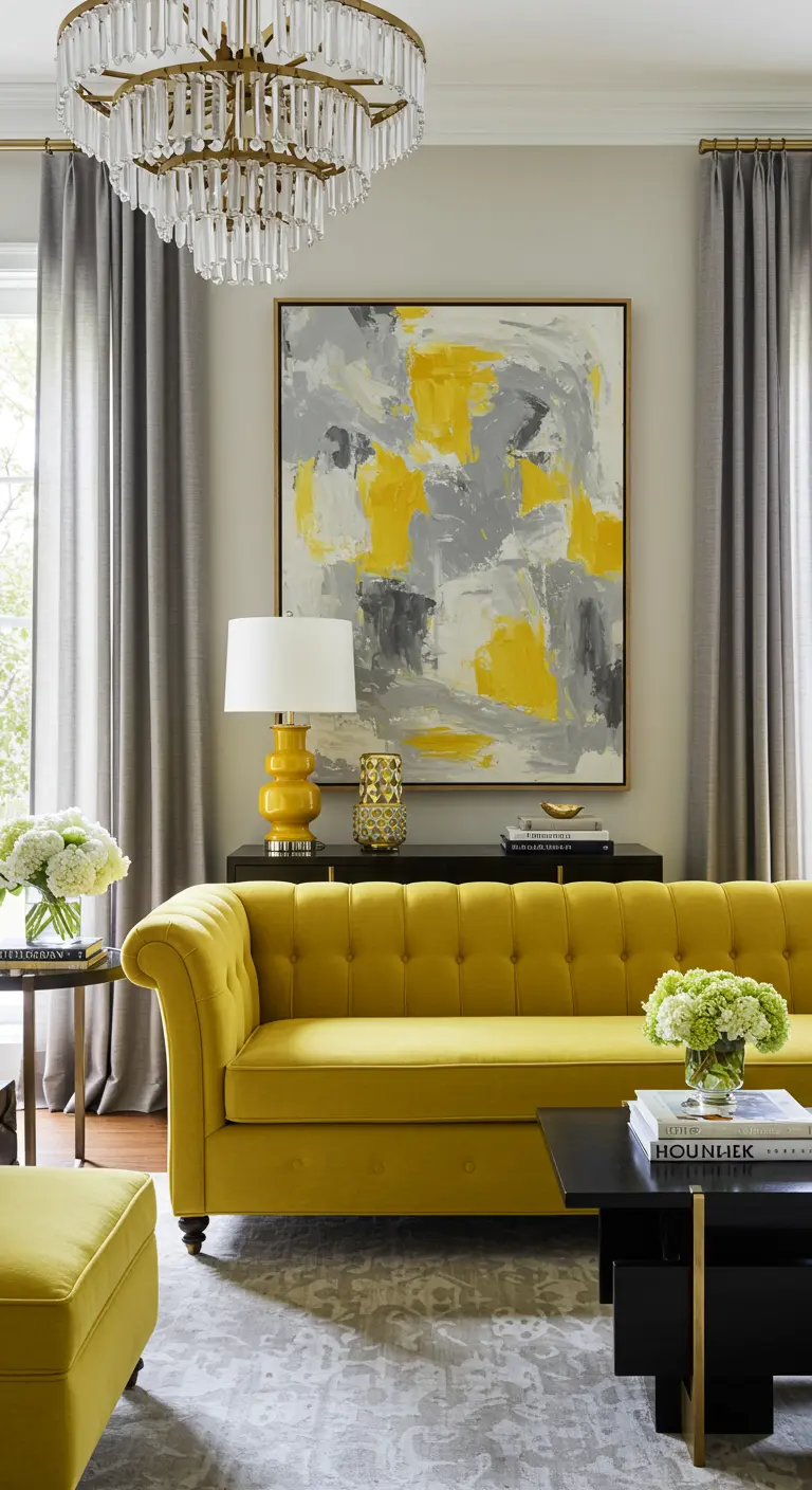 A bright yellow tufted sofa paired with gray walls and a large abstract painting.