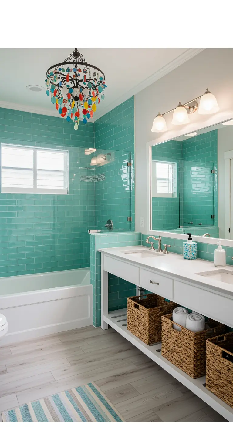 Bathroom with turquoise tile and a colorful beaded chandelier.