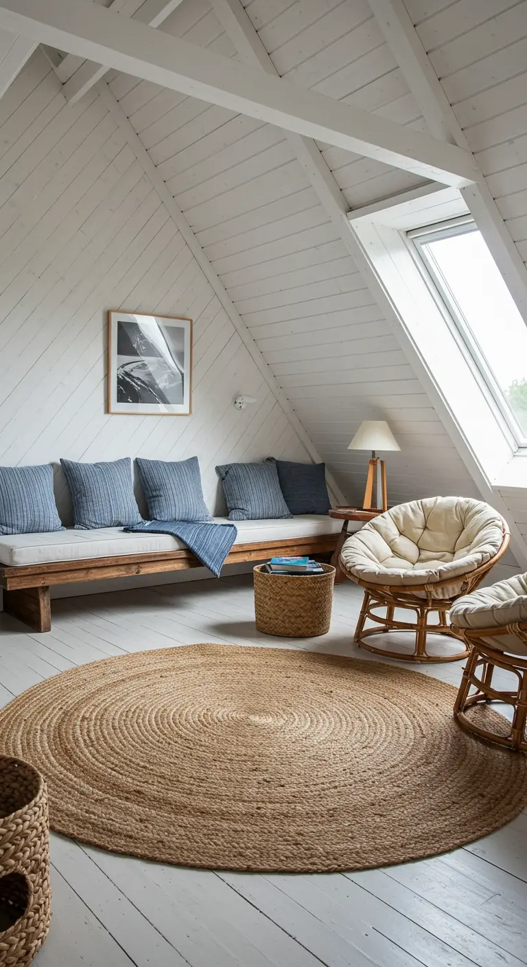Coastal living room with white sofas and a vibrant turquoise and teal patterned area rug.