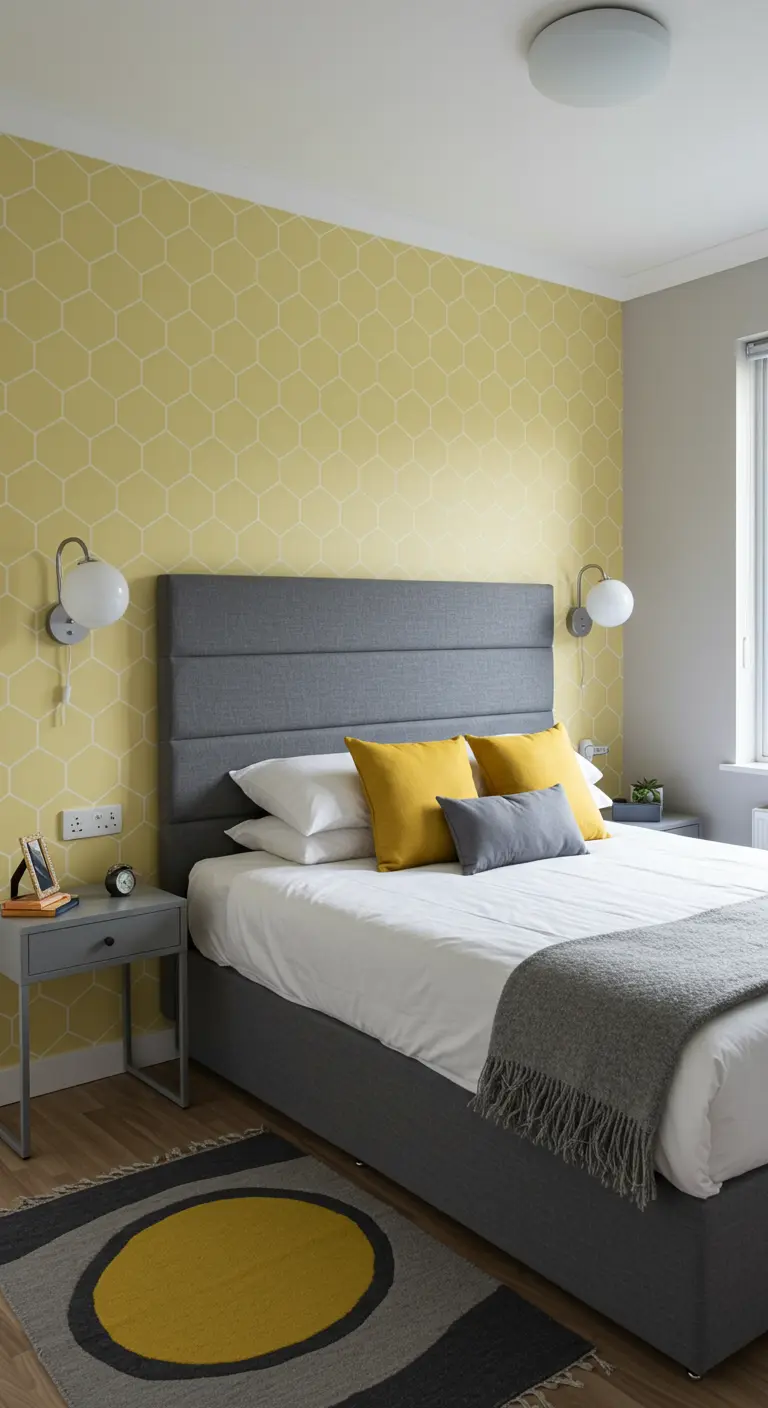 Modern bedroom with yellow honeycomb wallpaper and a grey headboard.