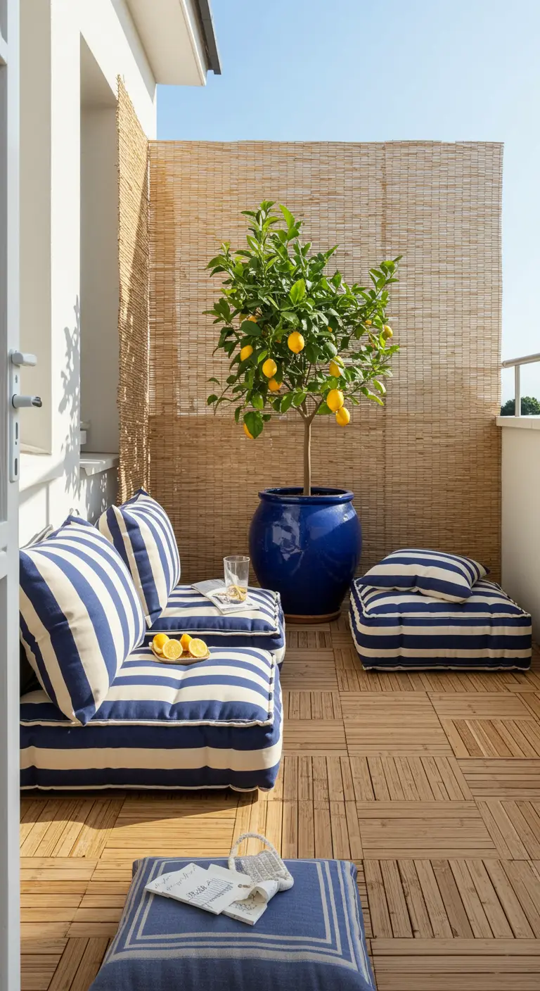 A sunny balcony with blue and white striped floor cushions and a lemon tree in a blue pot.