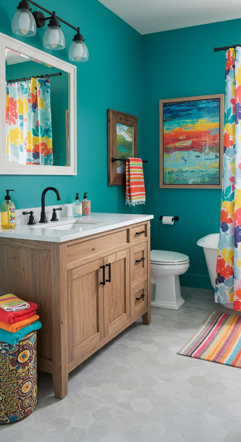 Bathroom with bright teal walls, a light wood vanity, and colorful floral shower curtain and art.