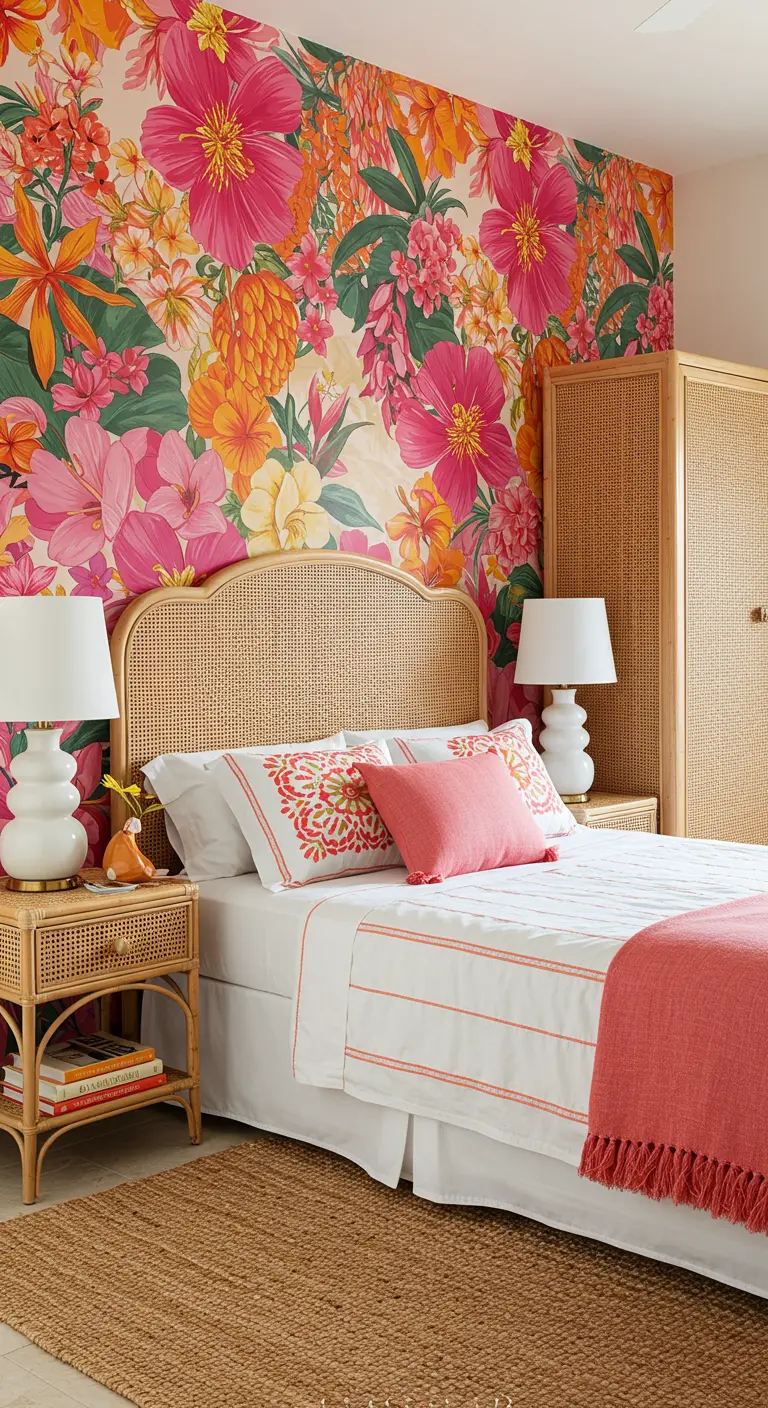 Bedroom with a vibrant, large-scale pink and orange floral mural and rattan furniture.