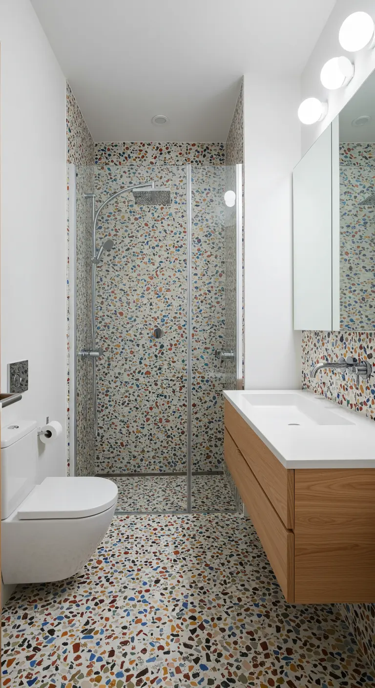 Bathroom with colorful terrazzo tile on the walls and floor and an oak vanity.