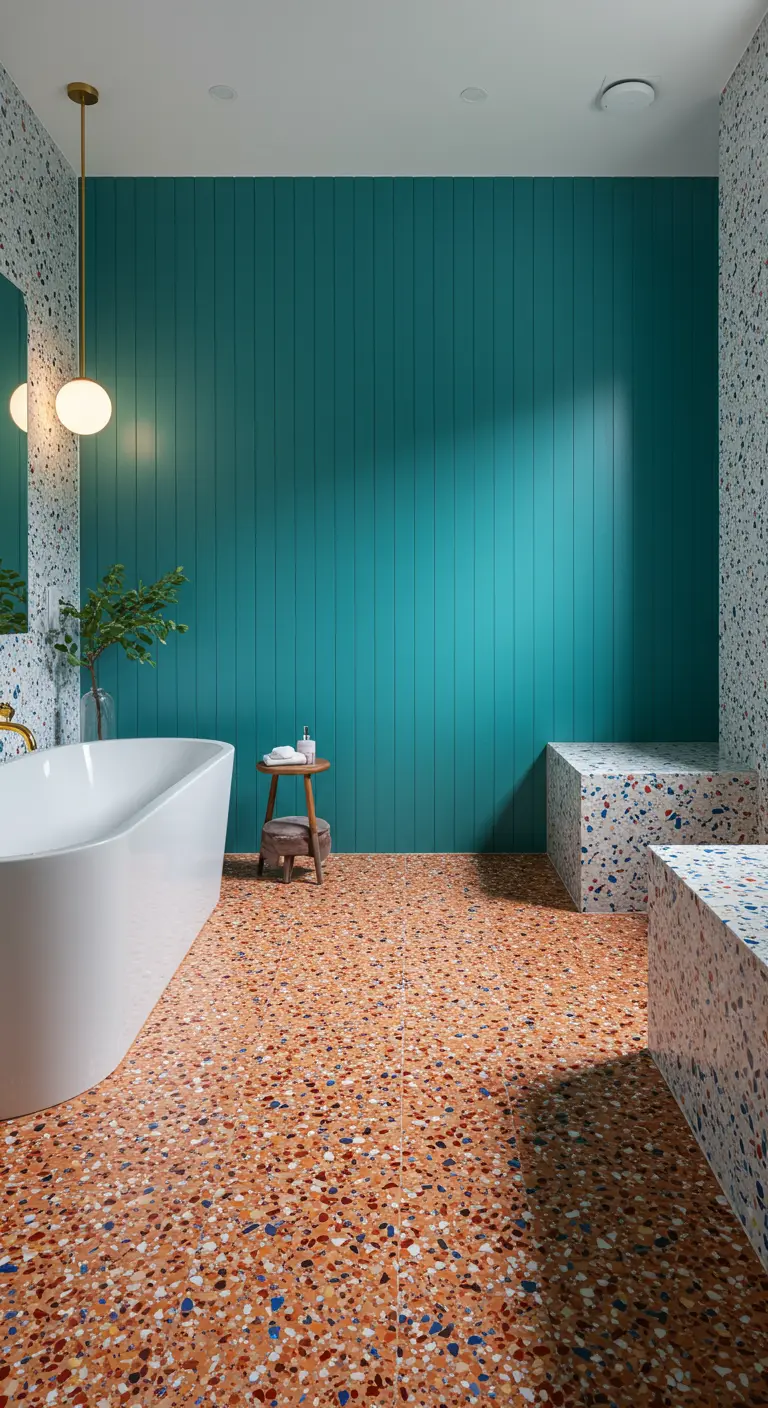 Bathroom with colorful terrazzo floors and benches against a vibrant teal shiplap wall.