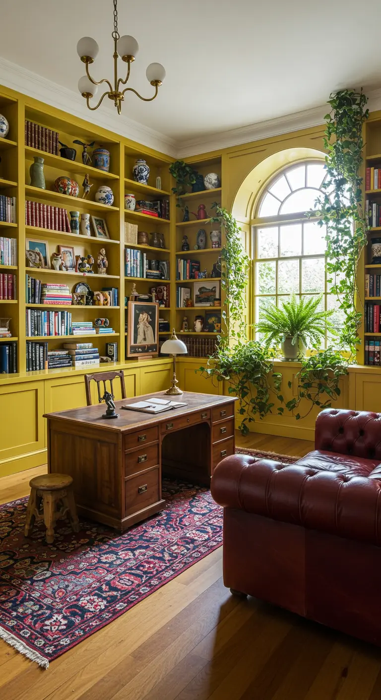 Home office with floor-to-ceiling mustard yellow bookshelves and a red leather sofa.