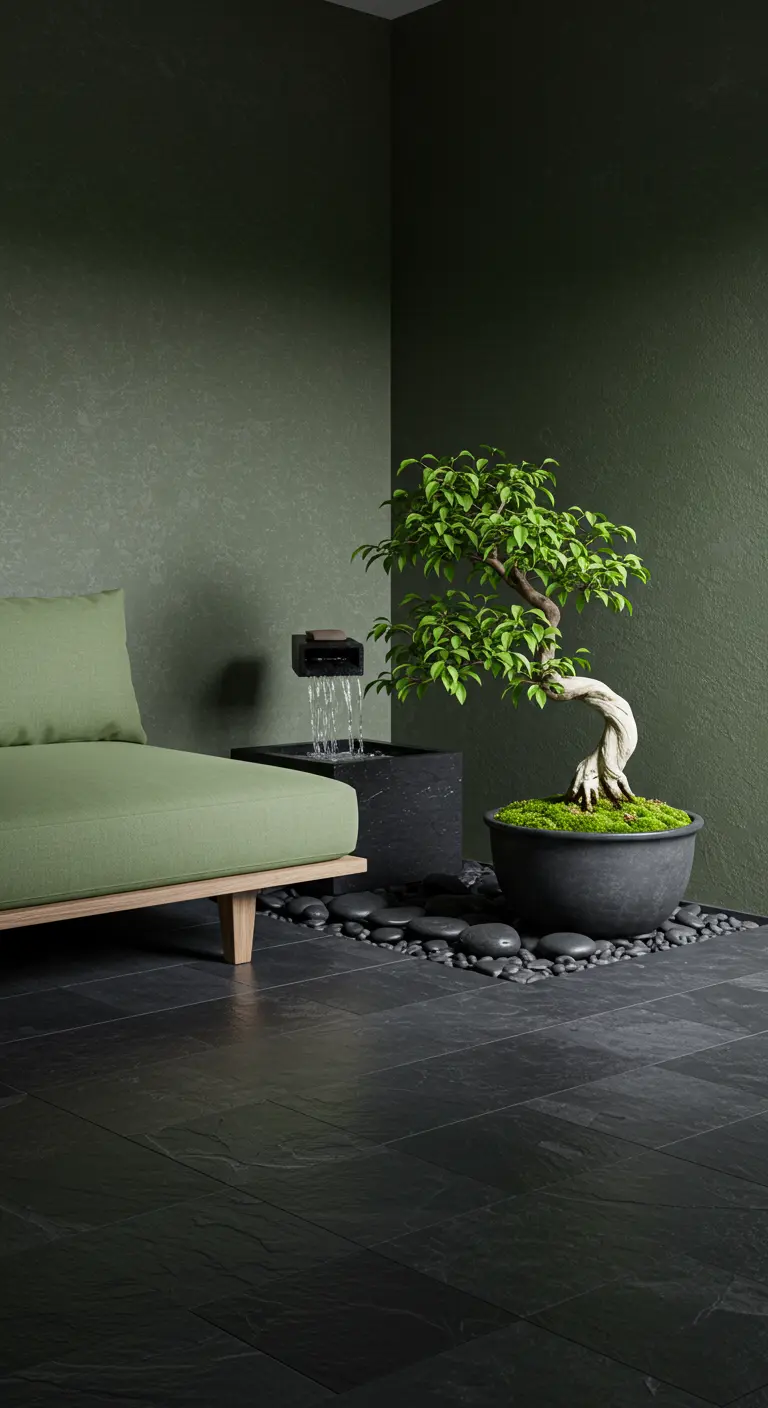 A tranquil corner with a small water fountain, a bonsai tree, and a pale green sofa.