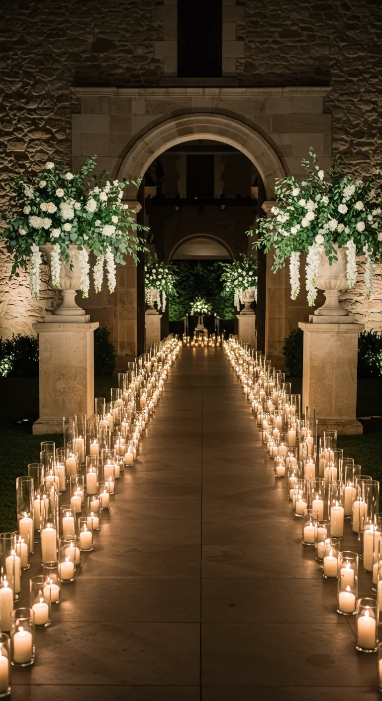 A long stone pathway dramatically lit by hundreds of candles in hurricane vases.