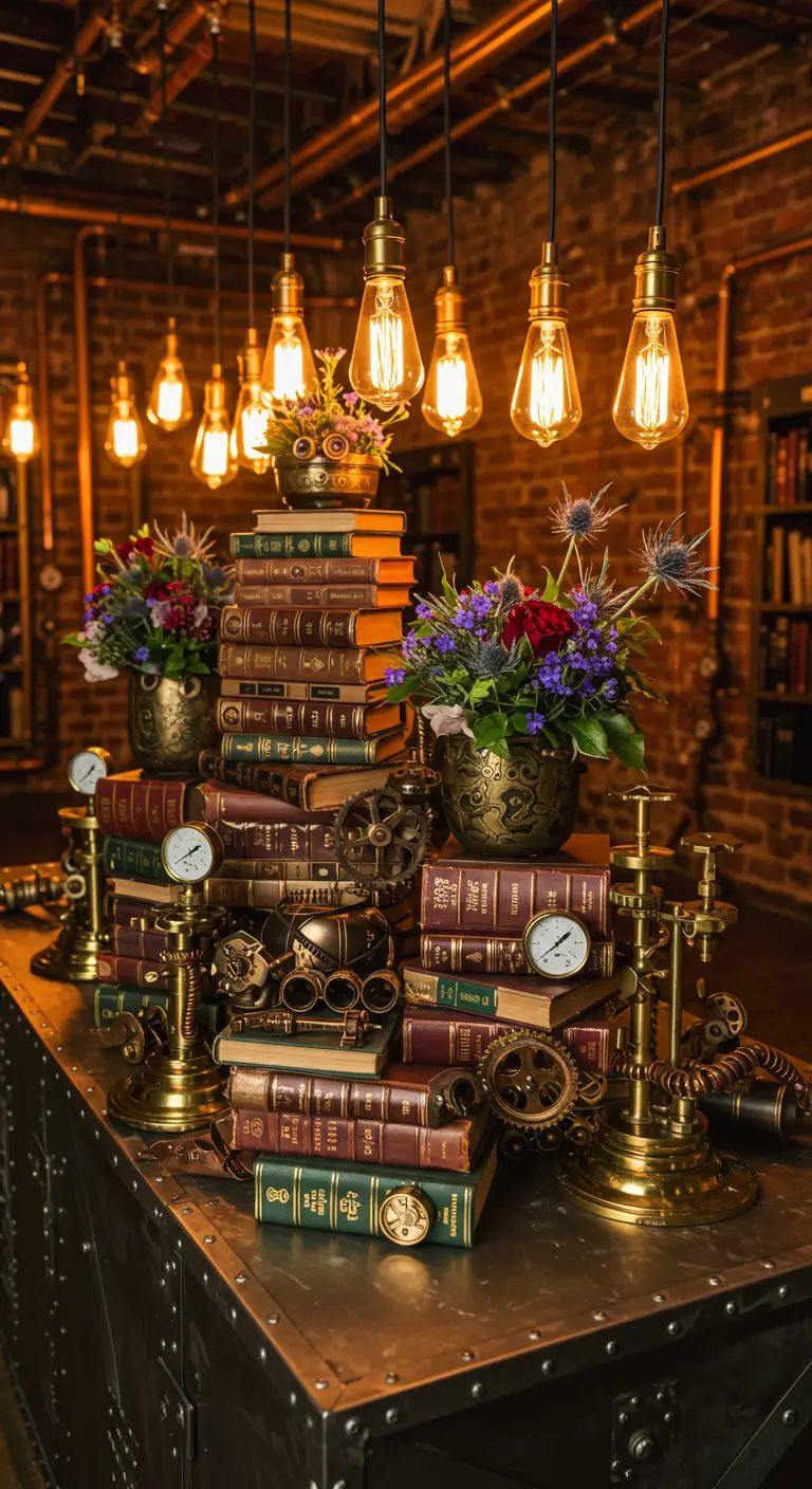 A steampunk-themed display with stacked books, brass gears, Edison bulbs, and floral arrangements.