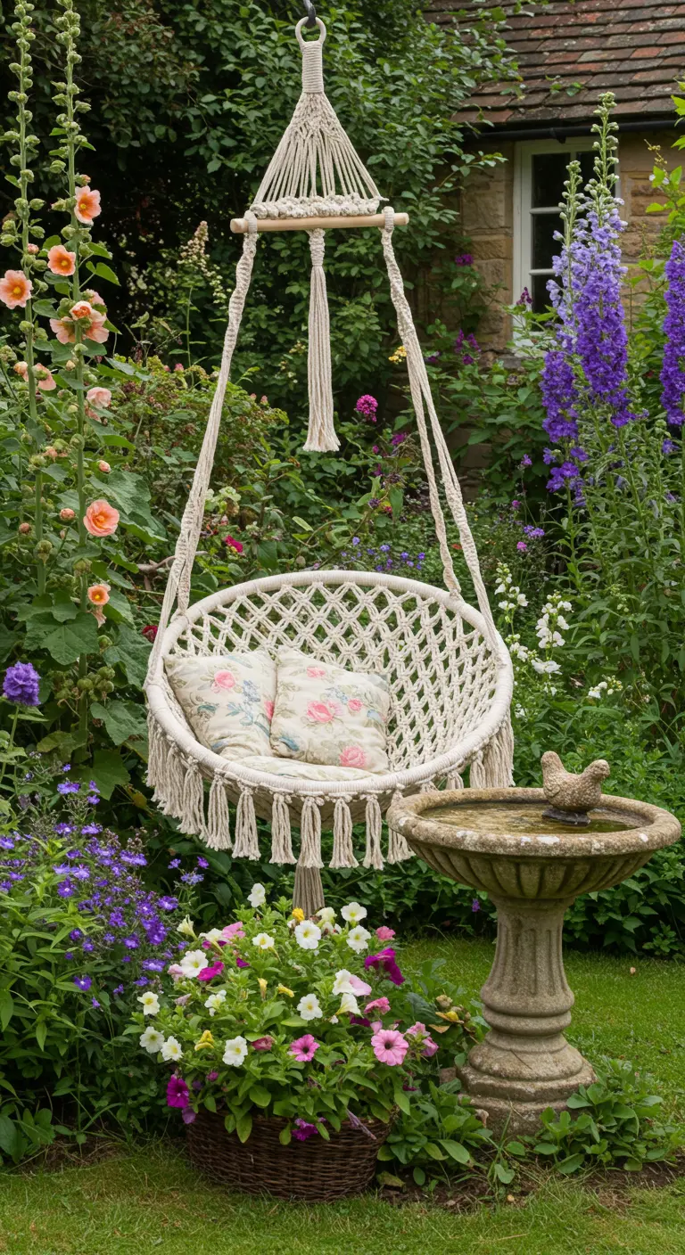 A white macramé hammock chair with floral pillows in a lush English cottage garden with a birdbath.