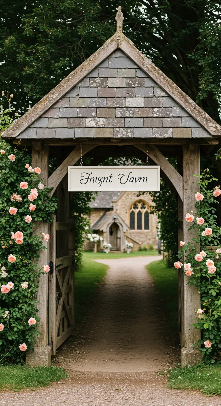 A rustic wooden lychgate with climbing pink roses and a hanging welcome sign.