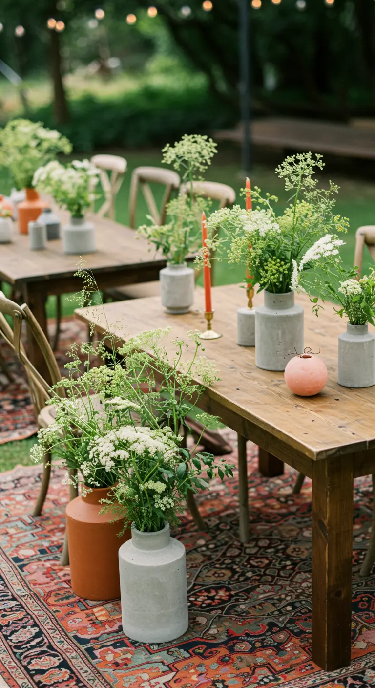 A mix of concrete and terracotta vases with white Queen Anne's Lace on a garden table.