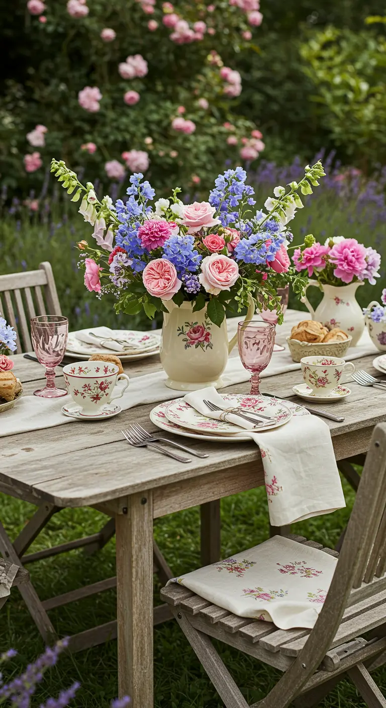 Rustic garden table with a large pitcher of pink and blue flowers.