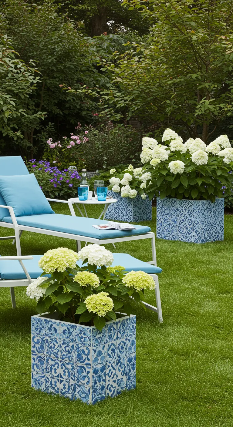 Light blue chaise lounges on a lawn next to planters with a blue and white tile pattern.