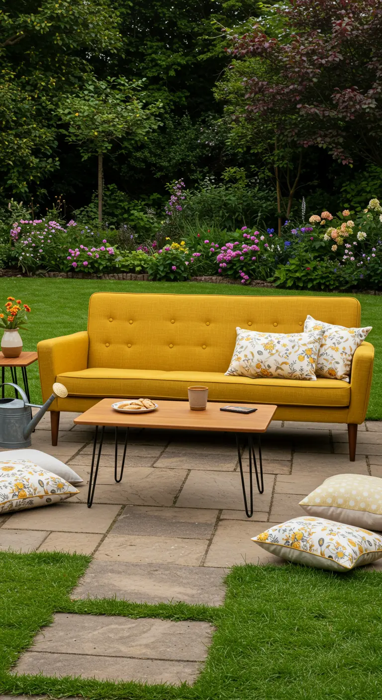 A mustard sofa on a patio next to a lush lawn, with floral pillows and a watering can.
