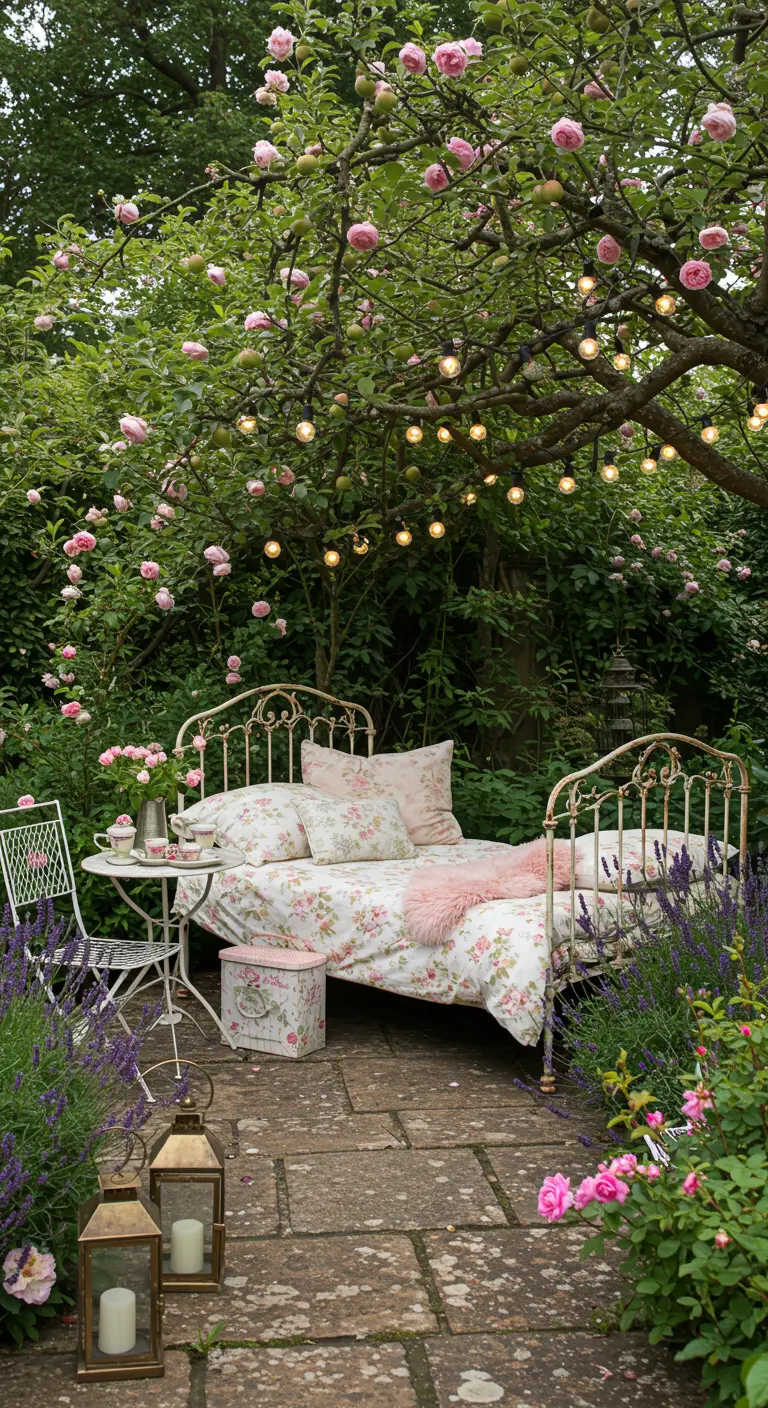 A vintage iron bed with floral bedding in a lush garden with lavender and roses.