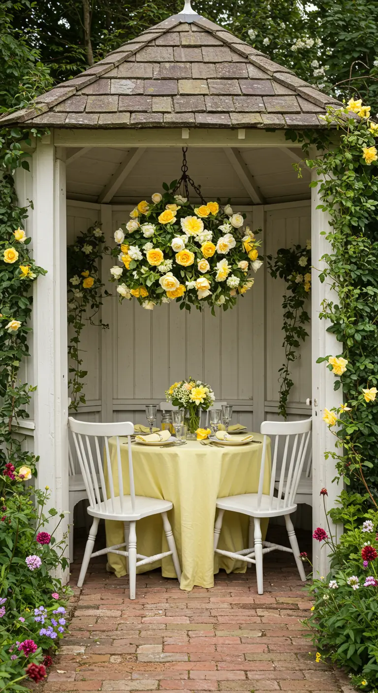 A white garden gazebo filled with a large chandelier of yellow and white roses.