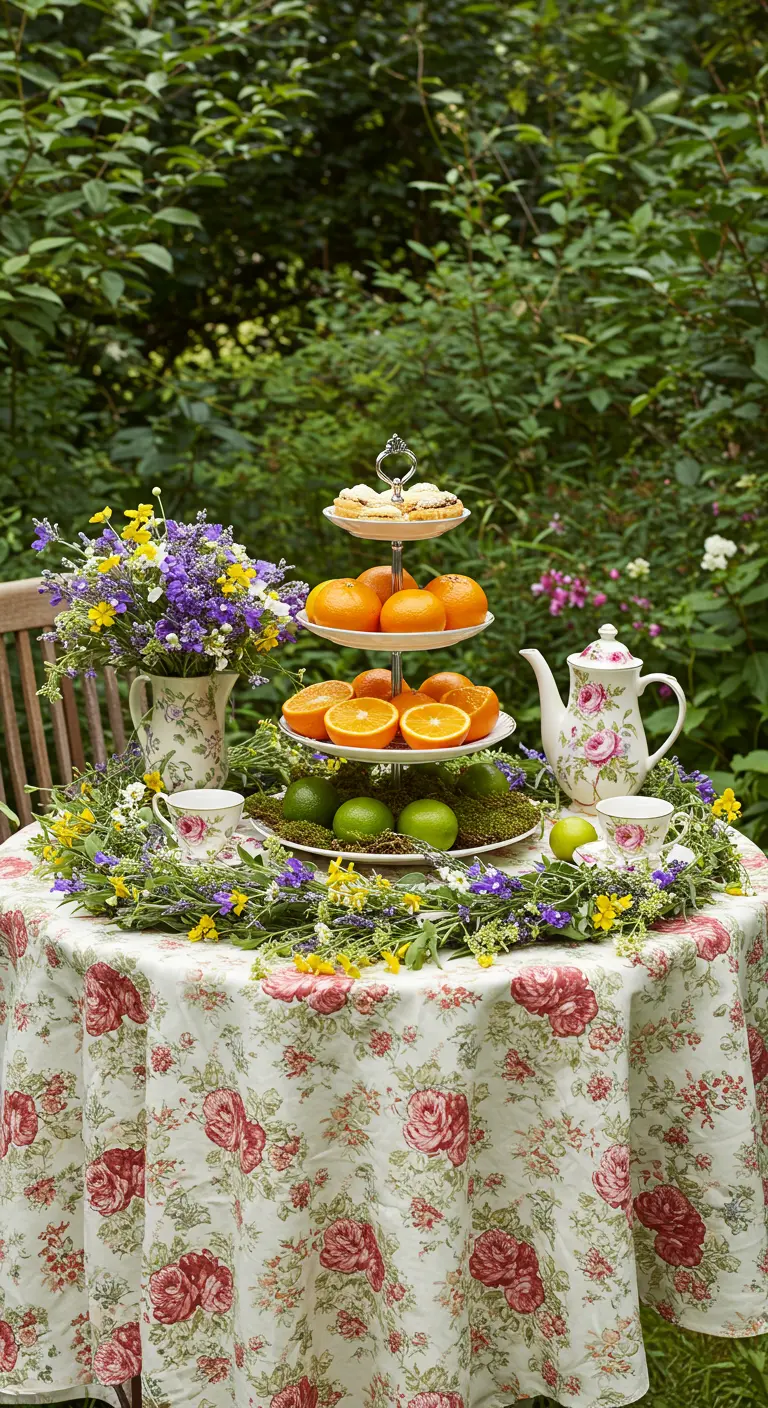 A garden tea party table with a floral tablecloth and a circular wildflower and lime wreath centerpiece.