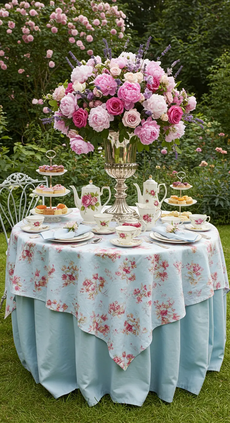 An elegant English garden tea party table with a massive pink rose centerpiece and floral china.
