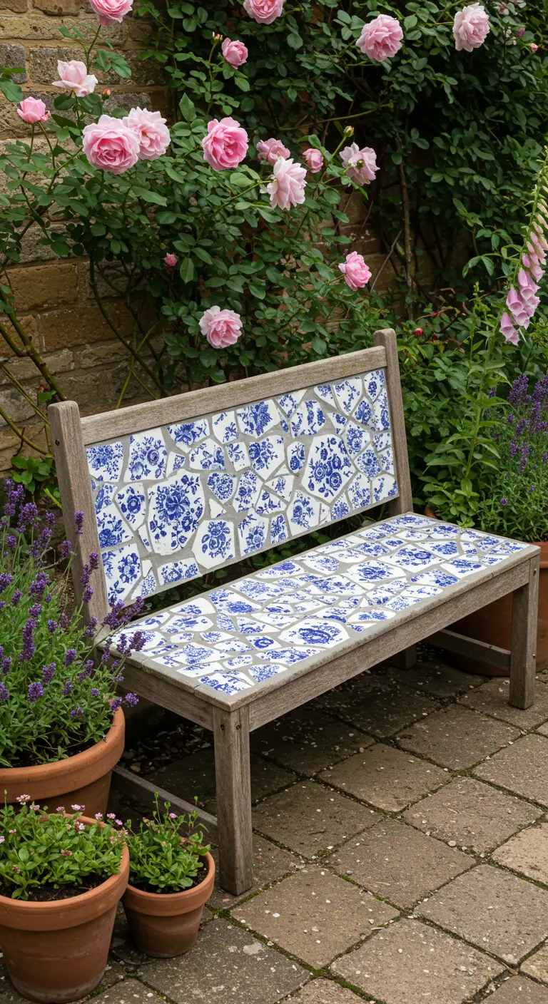 A weathered wooden garden bench with a blue and white porcelain mosaic top, set among pink roses.