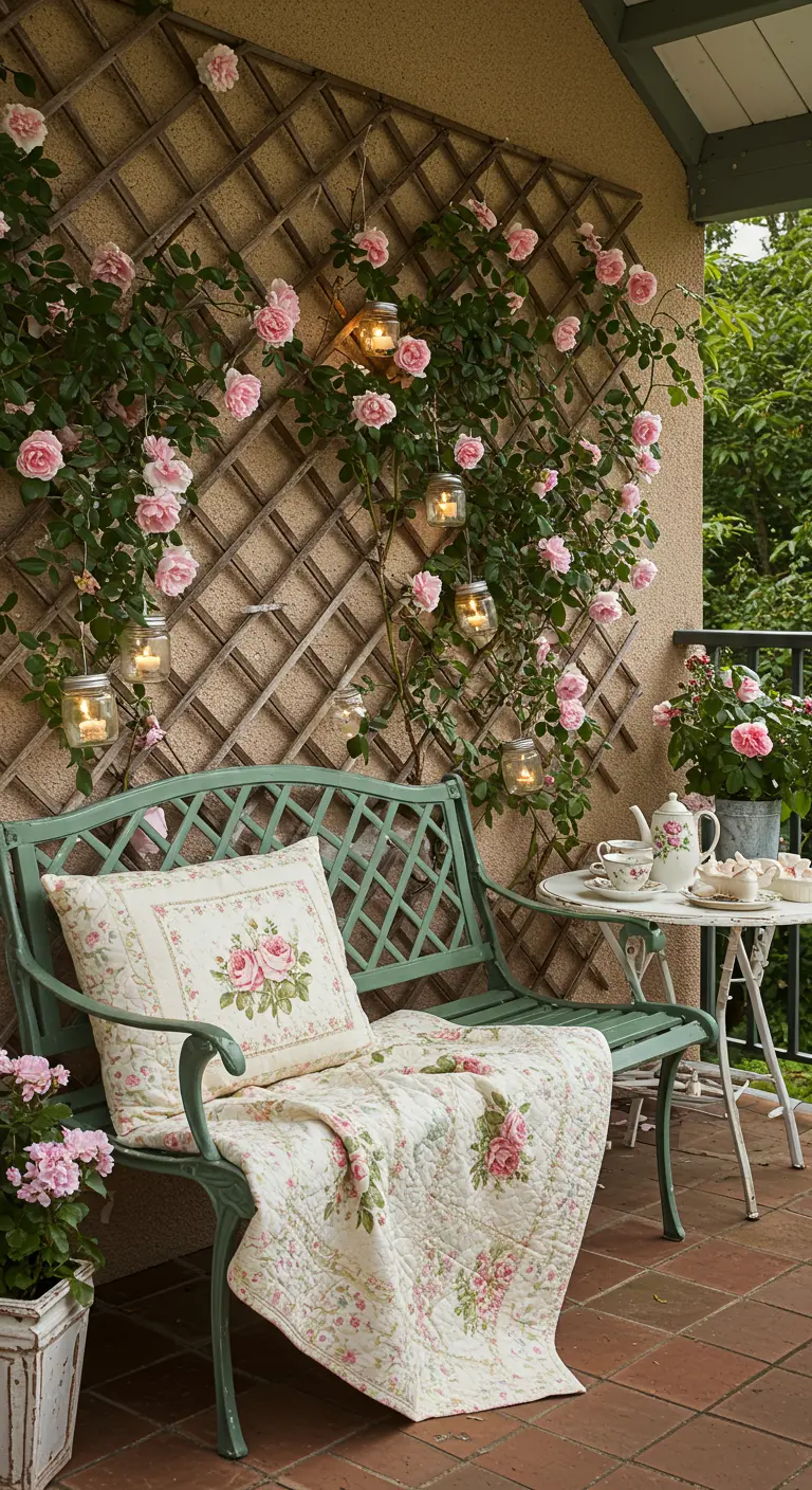 Balcony with a green bench, climbing pink roses on a trellis, and rose-patterned textiles.