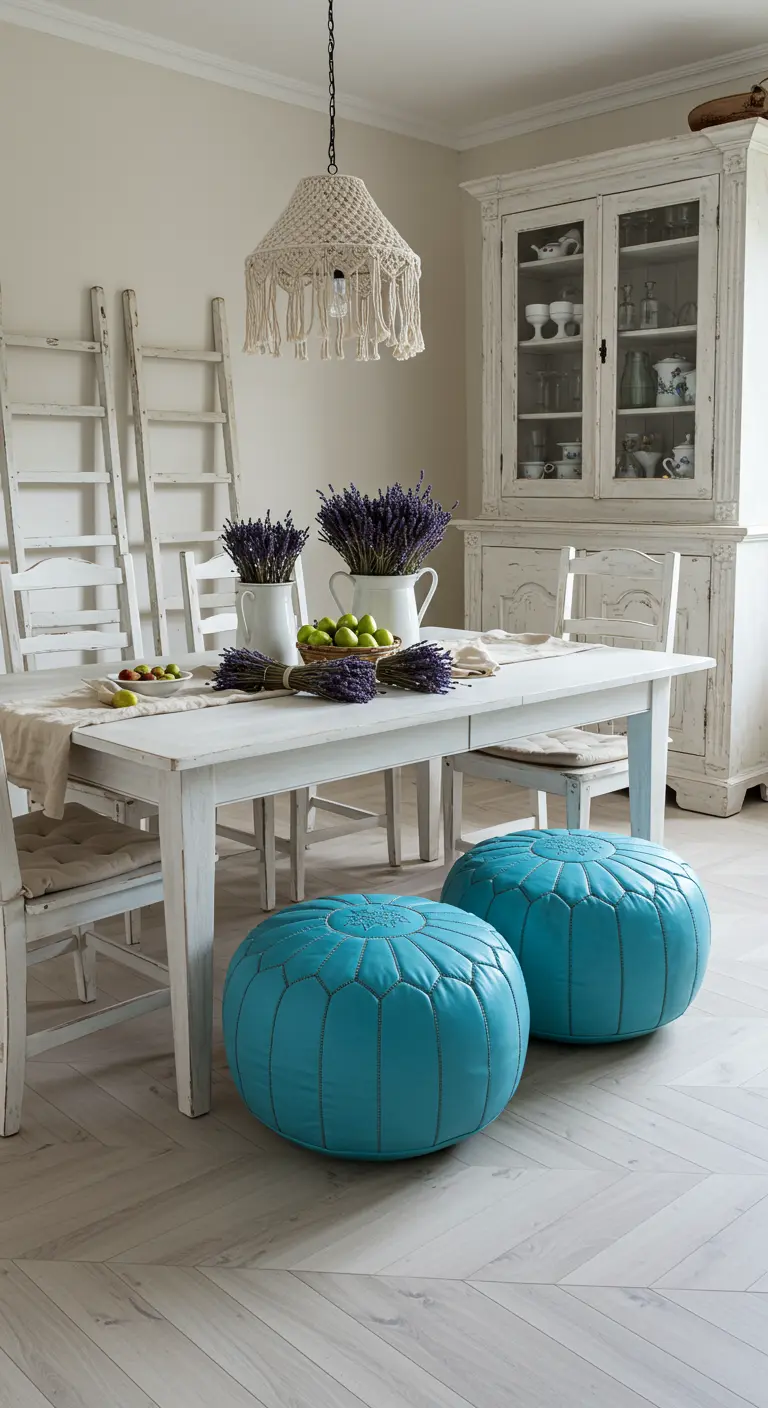 White farmhouse dining room with distressed furniture and two bright turquoise leather poufs.
