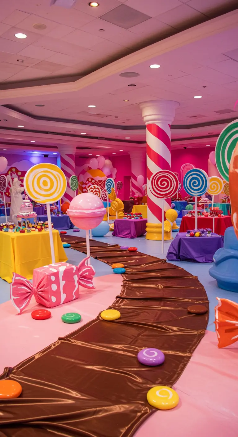 A candy-themed party room with a chocolate river path and giant lollipops.
