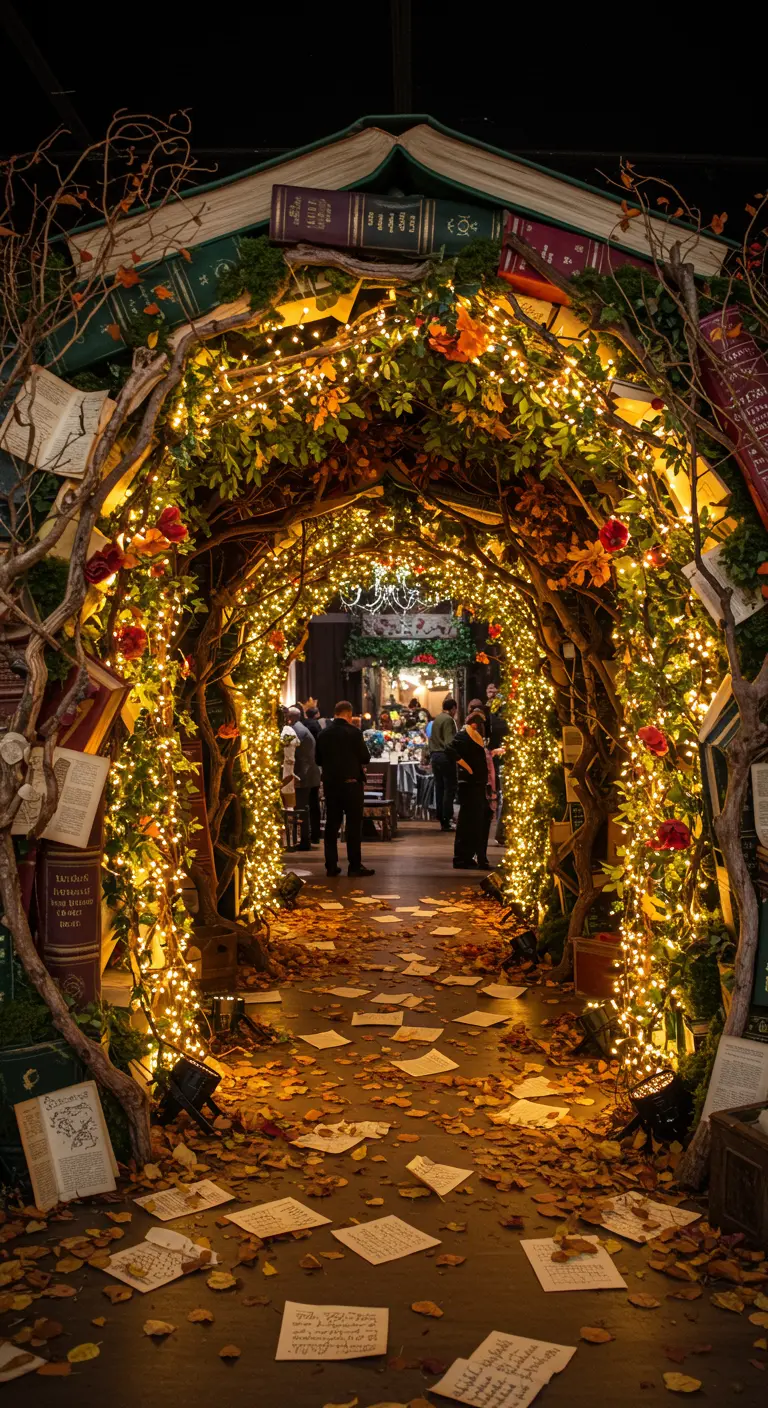 A magical archway made of books, branches, and fairy lights leading into a party.