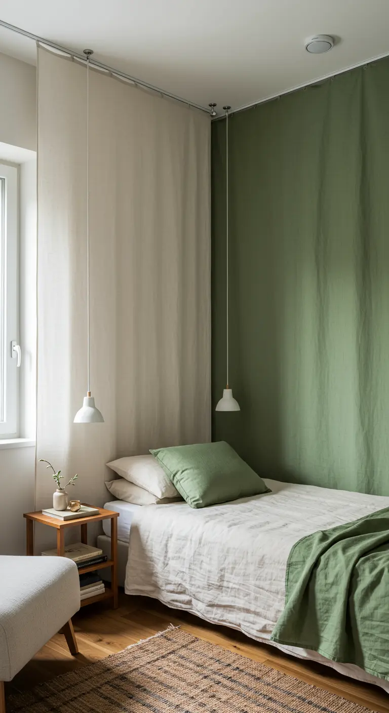 A bed in a corner with cream and olive green fabric panels hanging from the ceiling.