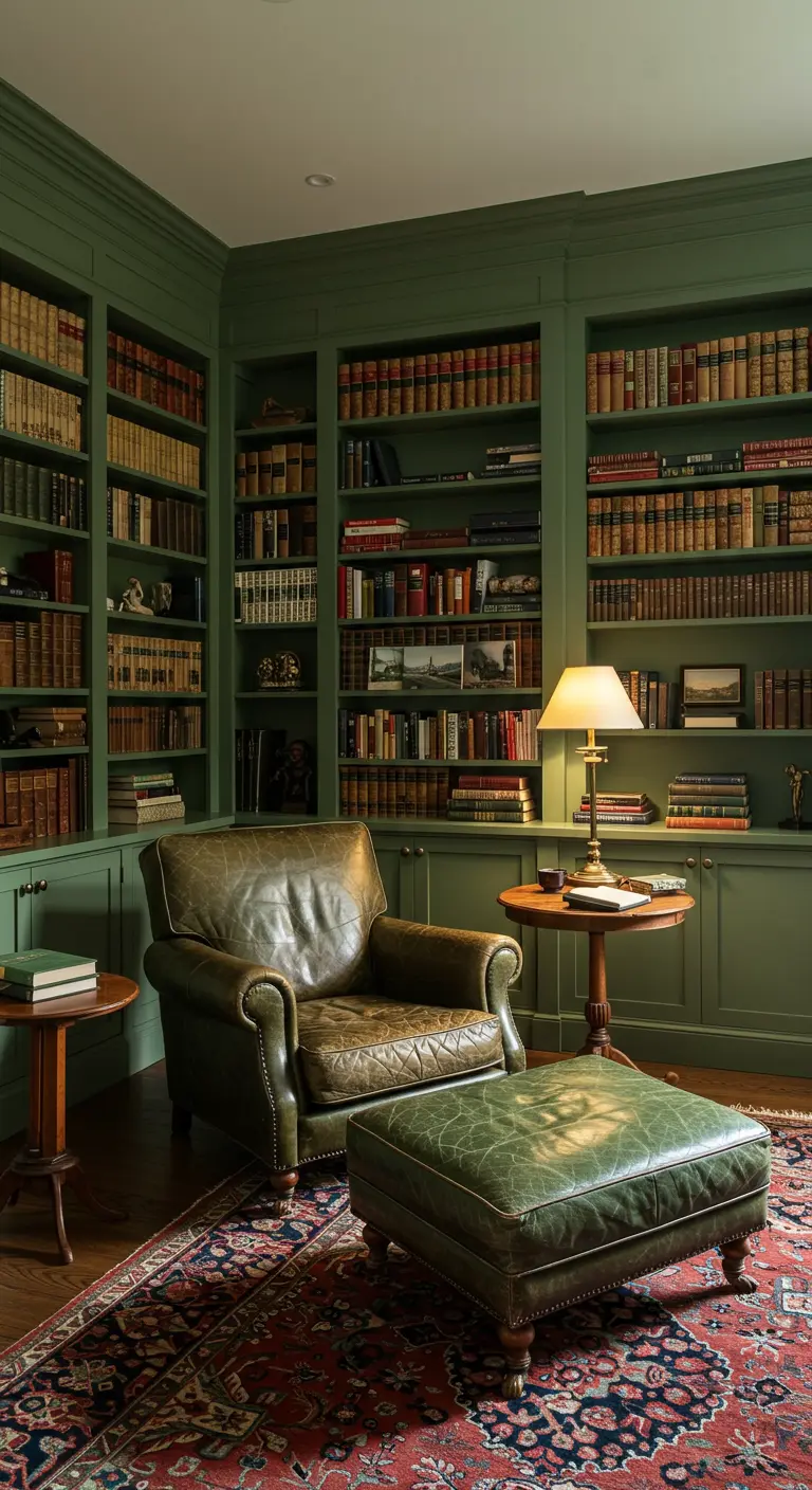 A traditional library with floor-to-ceiling olive green bookshelves and a leather armchair.