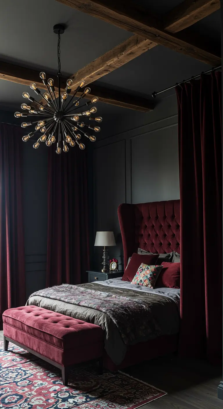 Moody bedroom with a tall burgundy velvet headboard, matching curtains, and a large chandelier.