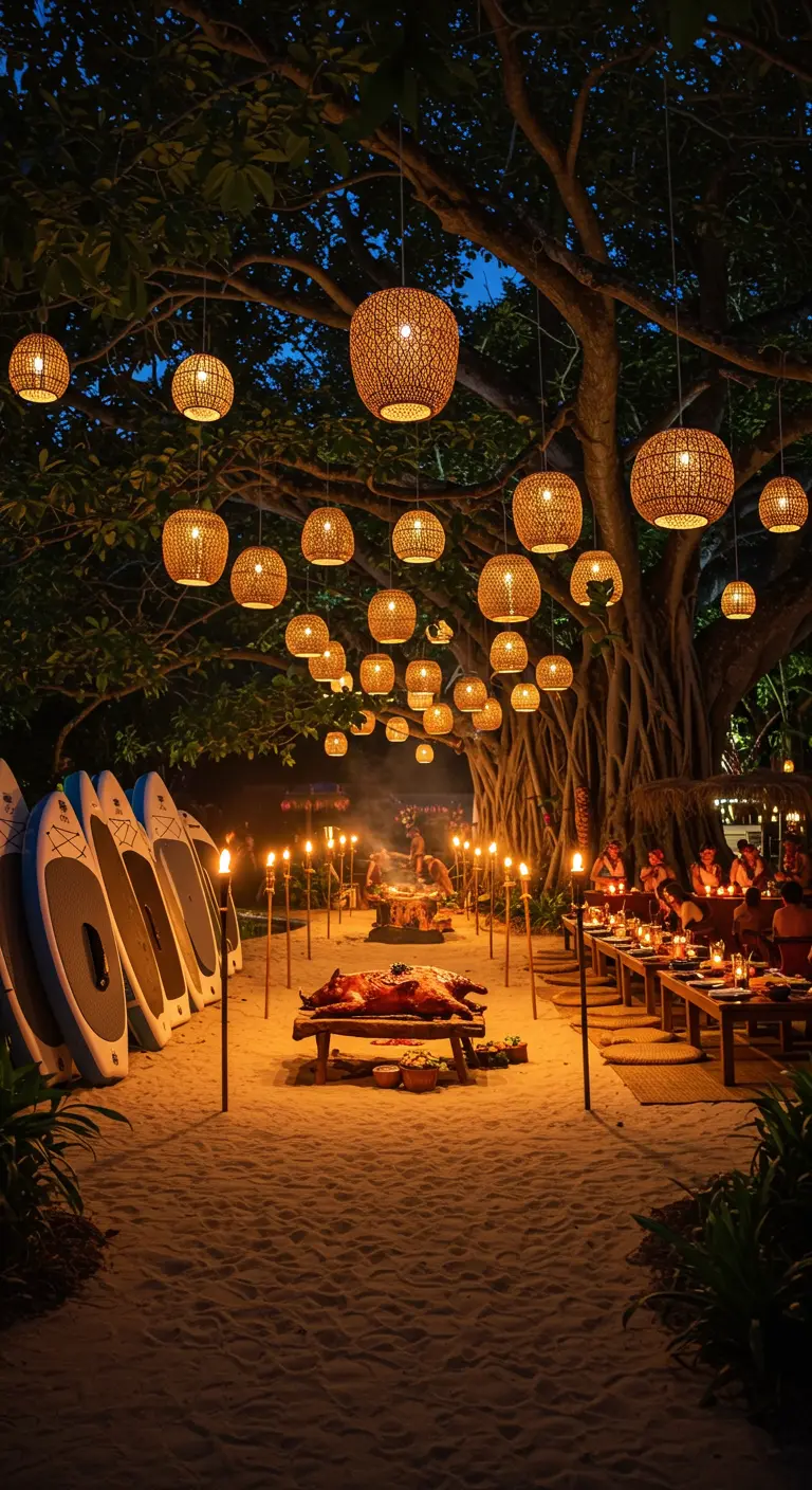 Beach party at night with a pig roast, tiki torches, and rattan lanterns in a tree.