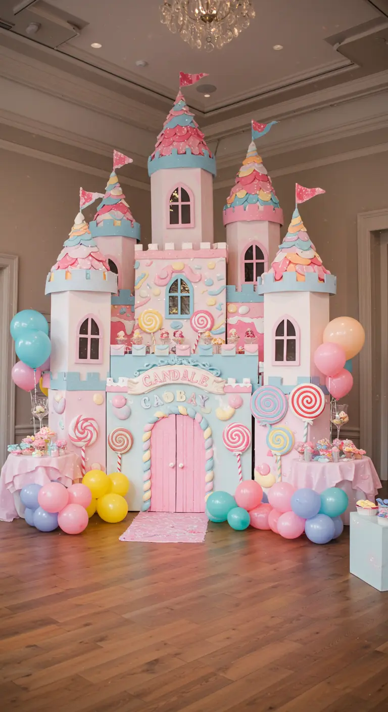 A life-sized DIY candy castle made from cardboard in pastel colors.