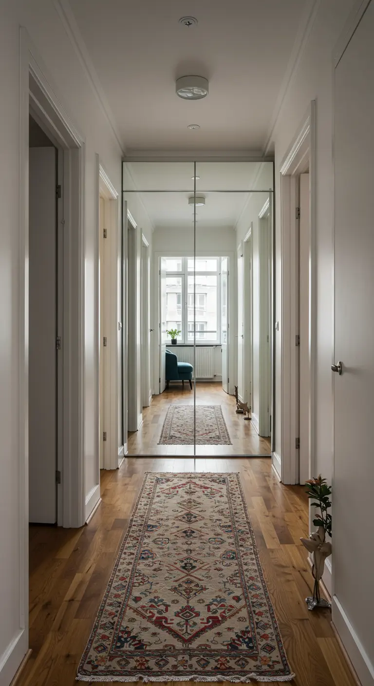 A long hallway ending in a wall covered completely with floor-to-ceiling mirror panels.