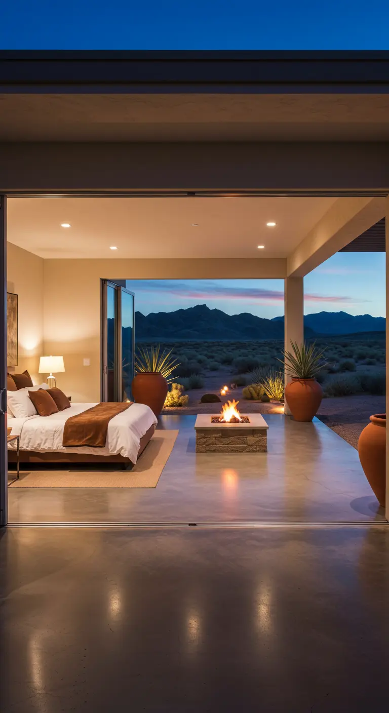 Bedroom with open glass walls leading to a patio with a fire pit.