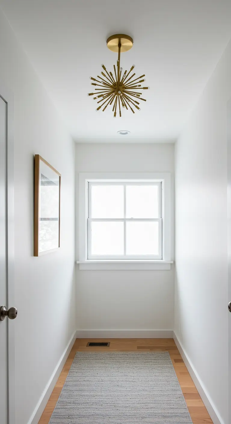 A narrow white hallway with a brass sputnik-style ceiling light casting light in all directions.