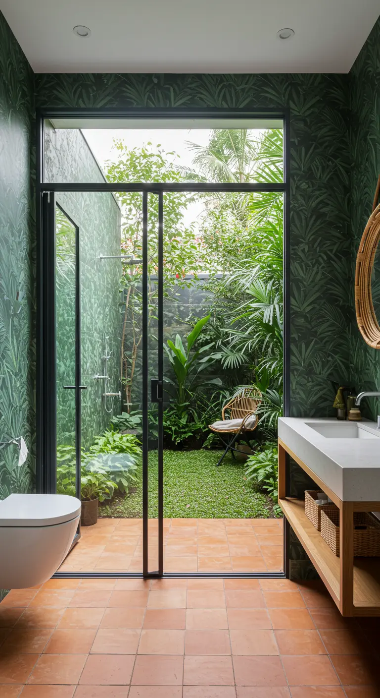 Bathroom with green wallpaper and a glass wall opening to a lush private garden.