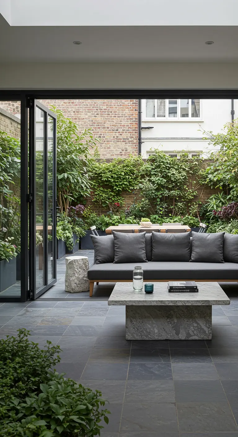 Living area with black bi-fold doors opening to a lush patio with slate tile floors.