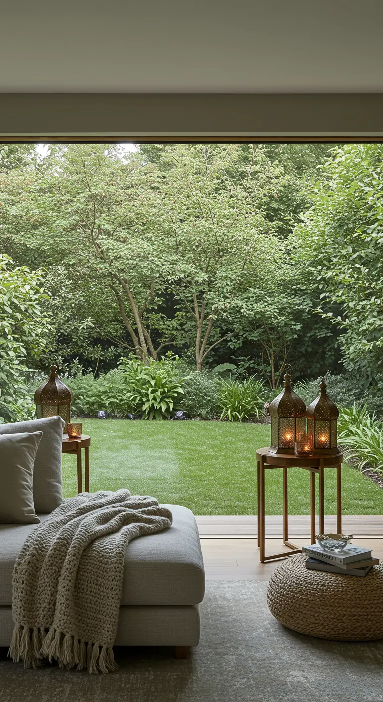 A living room with a fully open wall to a garden, with a chunky throw and Moroccan lanterns.