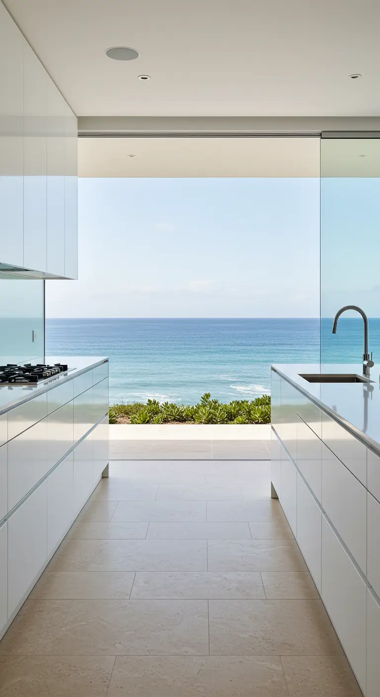 A minimalist white galley kitchen with a floor-to-ceiling glass wall overlooking the ocean.