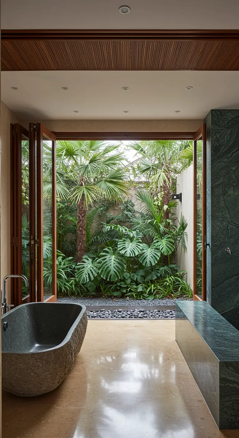 Bathroom with folding doors opening to a lush private garden courtyard and a stone bathtub.