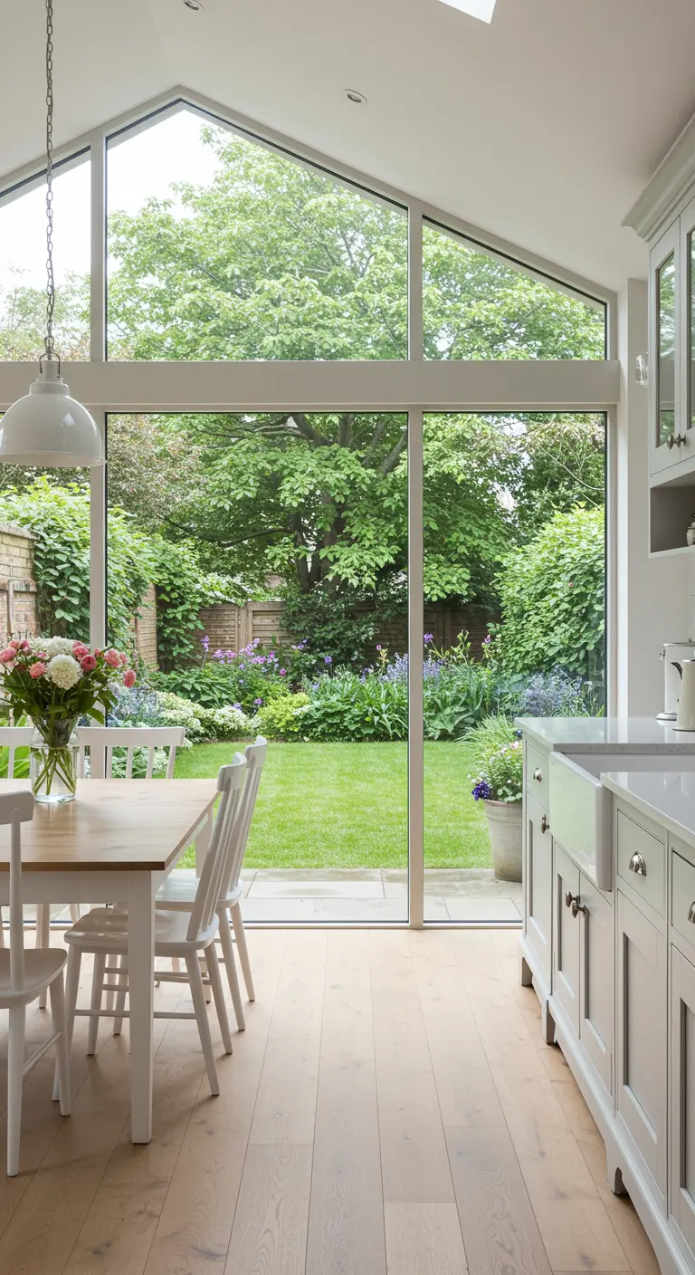 Eat-in kitchen with a wall of glass windows and doors opening to a lush backyard garden.