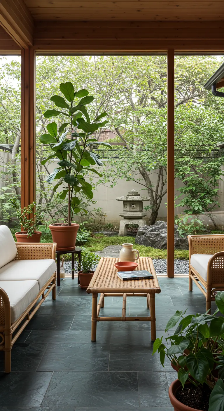 A sunroom with floor-to-ceiling windows looking out onto a Japanese garden.