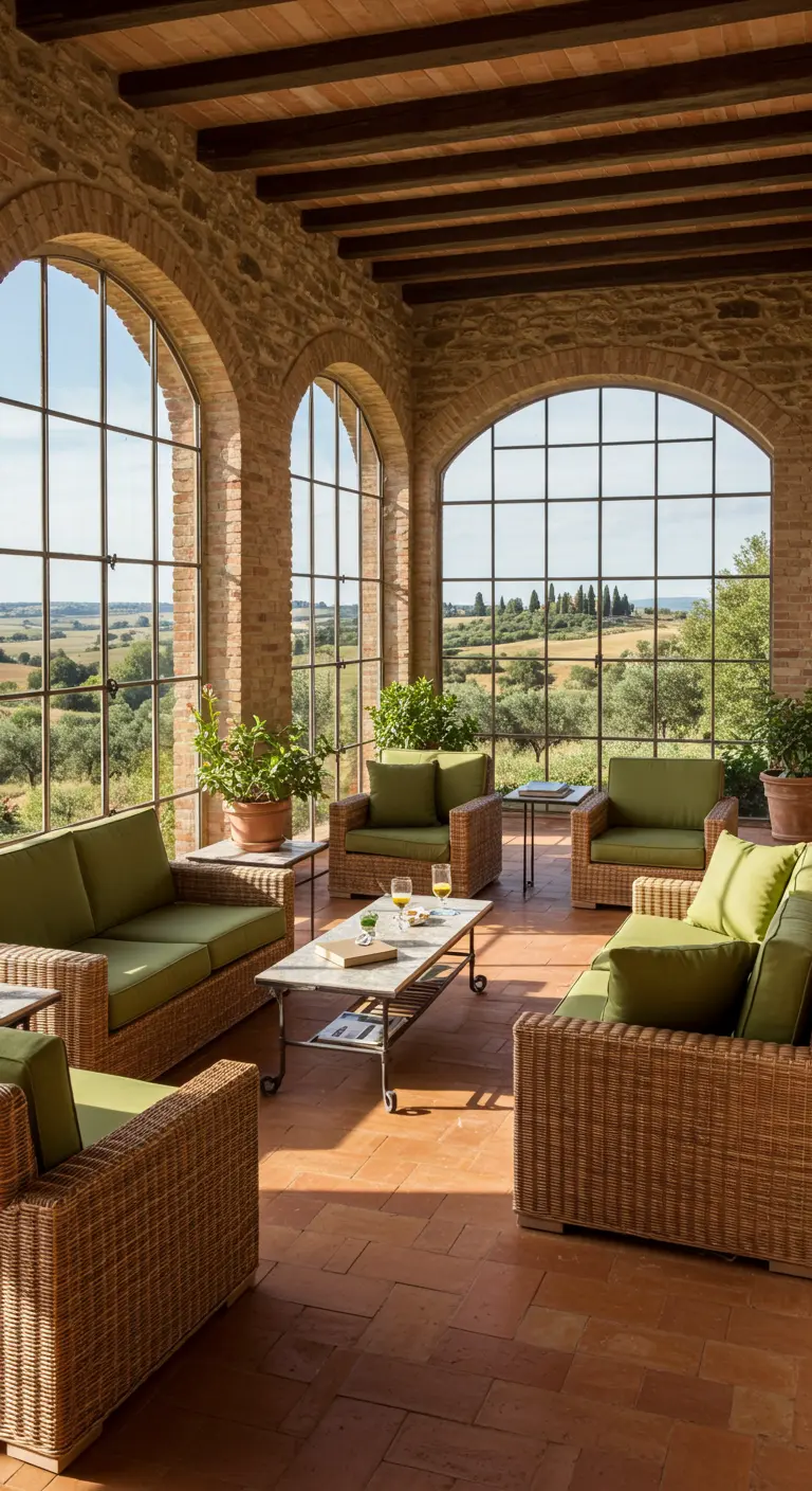 A sunroom with large arched windows overlooking a green landscape.