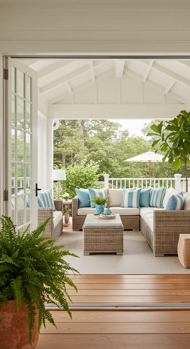 View from a living room to a covered porch with a large woven sectional and blue pillows.