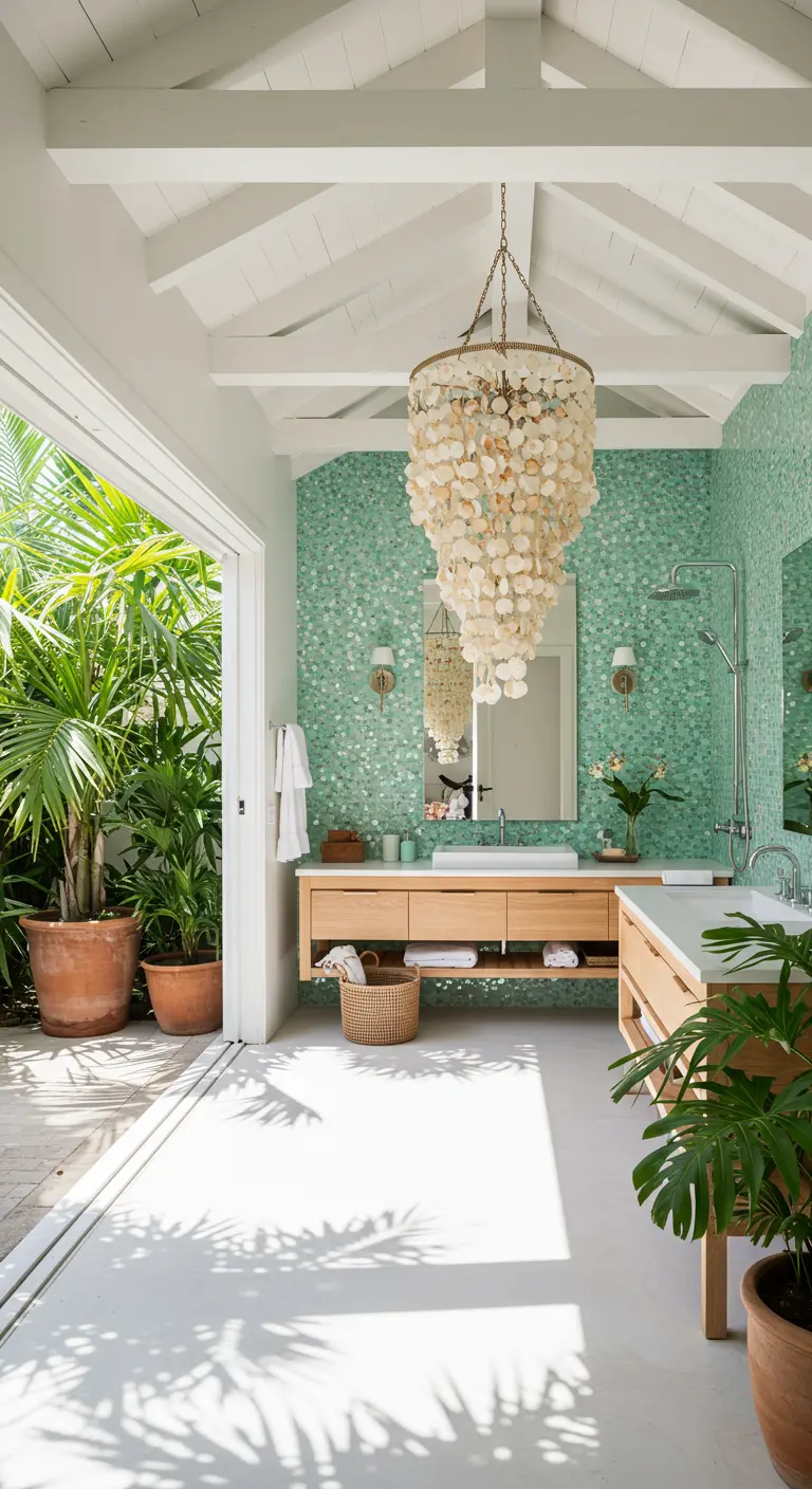 Bathroom with open wall to a tropical patio and aqua mosaic tile.