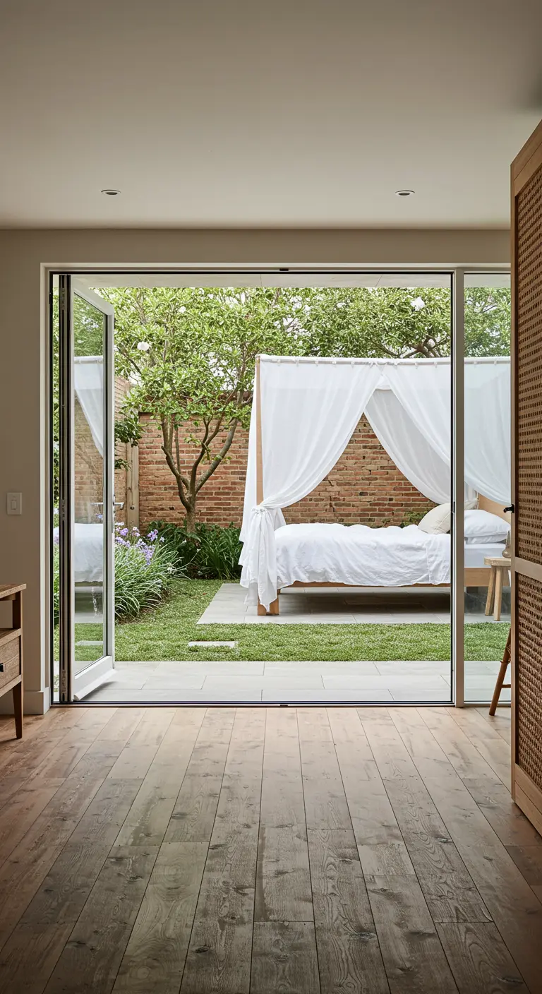 View from a bedroom through open doors to a courtyard where a canopy bed sits on the grass.