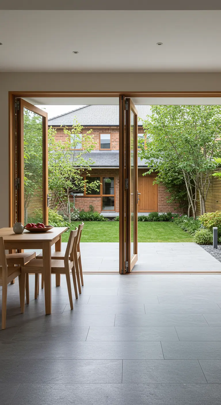 A dining room with large wooden bifold doors opening completely to a green backyard.