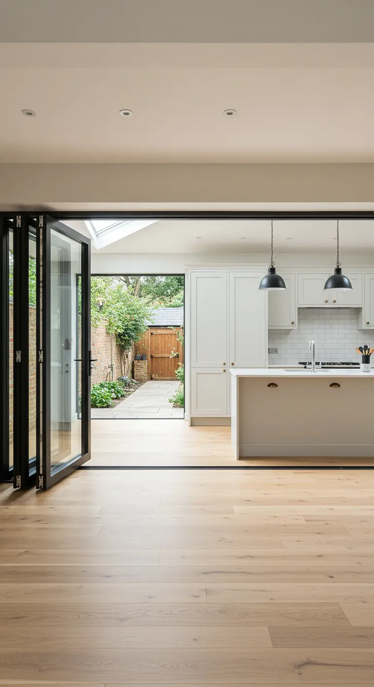 Open-plan kitchen with light wood floors and large black bifold doors opening to a patio.