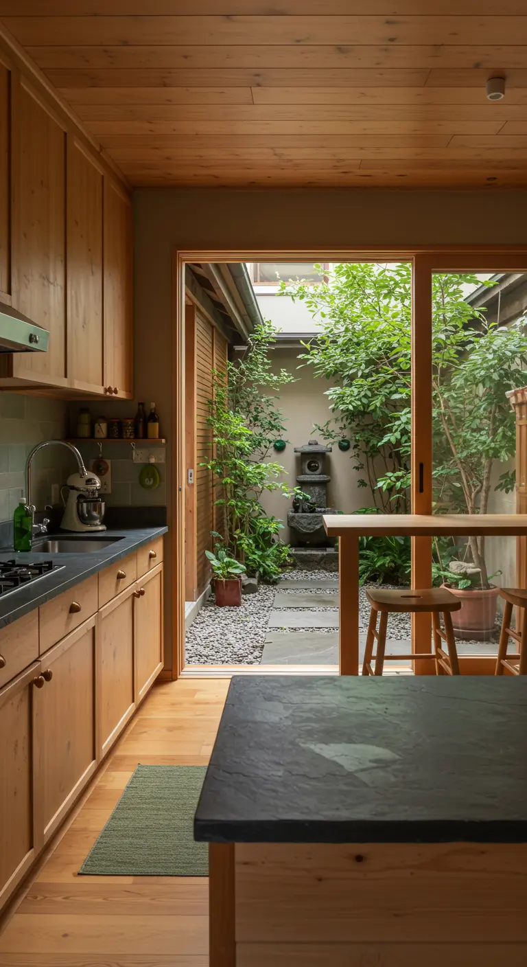 Kitchen with wood cabinets opening onto a Japanese-style courtyard garden.